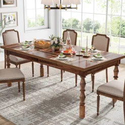 Fashion Tribesigns Wood Dining Table, 62” Large Kitchen Table with Carved Turned Legs for 4-6 People