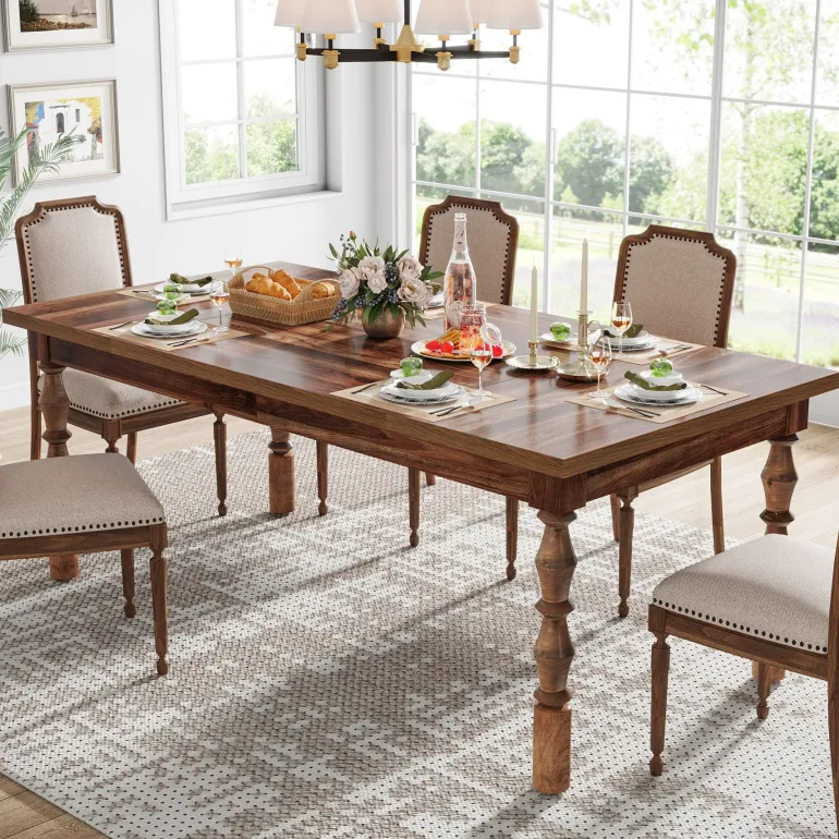 Fashion Tribesigns Wood Dining Table, 62” Large Kitchen Table with Carved Turned Legs for 4-6 People