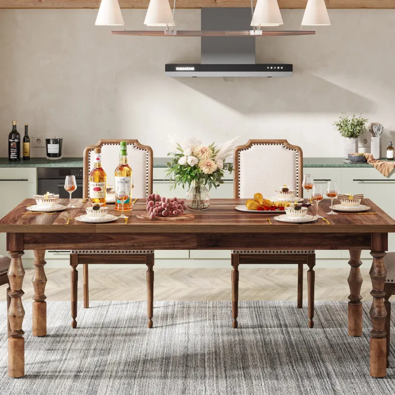 Fashion Tribesigns Wood Dining Table, 62” Large Kitchen Table with Carved Turned Legs for 4-6 People