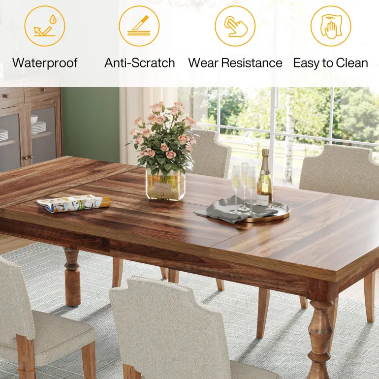 Fashion Tribesigns Wood Dining Table, 62” Large Kitchen Table with Carved Turned Legs for 4-6 People