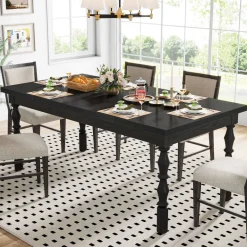 Fashion Tribesigns Wood Dining Table, 62” Large Kitchen Table with Carved Turned Legs for 4-6 People