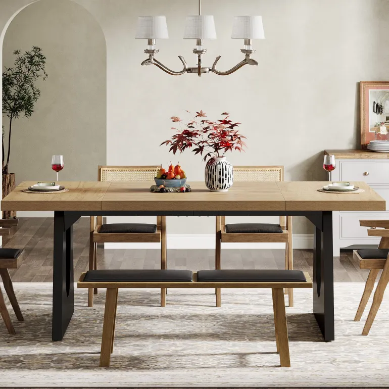 Fashion Tribesigns Wood Dining Table, 70" Rectangular Kitchen Table for 6 - 8 People