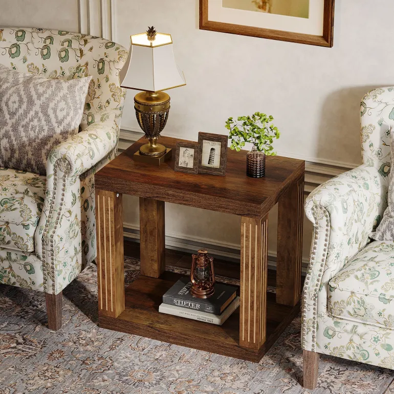Hot Tribesigns Wood End Table, 2 - Tier Farmhouse Side Table with Storage Shelf