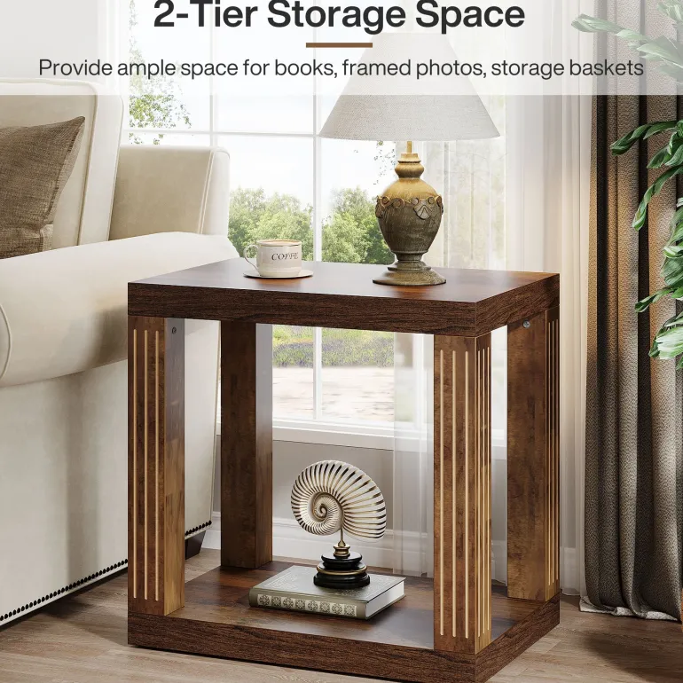 Hot Tribesigns Wood End Table, 2 - Tier Farmhouse Side Table with Storage Shelf