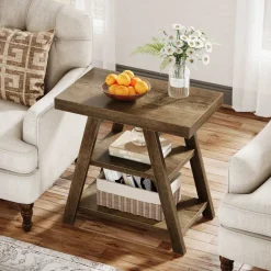 Best Tribesigns Wood End Table, 3 - Tier Sofa Side Table with Storage Shelf