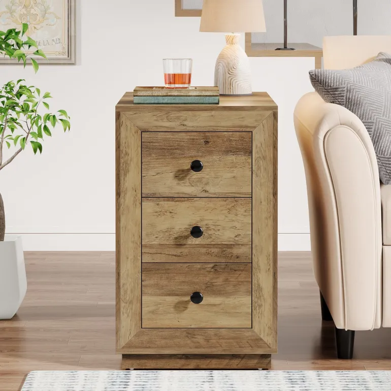 Store Tribesigns Wood End Table, Farmhouse 3 - Drawer Sofa Side Table Nightstand