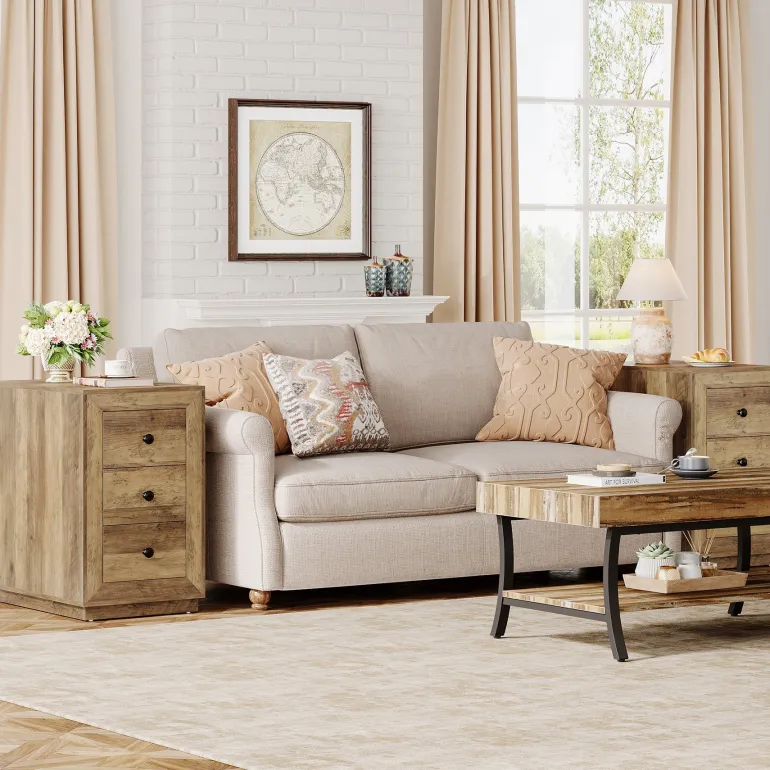 Store Tribesigns Wood End Table, Farmhouse 3 - Drawer Sofa Side Table Nightstand