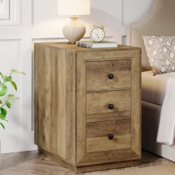 Store Tribesigns Wood End Table, Farmhouse 3 - Drawer Sofa Side Table Nightstand