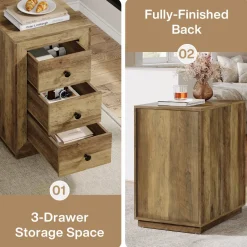 Store Tribesigns Wood End Table, Farmhouse 3 - Drawer Sofa Side Table Nightstand