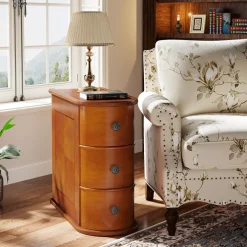 Sale Tribesigns Wood End Table, Narrow Side Table Nightstand with 2 Drawers