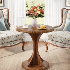 Discount Tribesigns Wood End Table, Round Sofa Side Table Vintage Nightstand