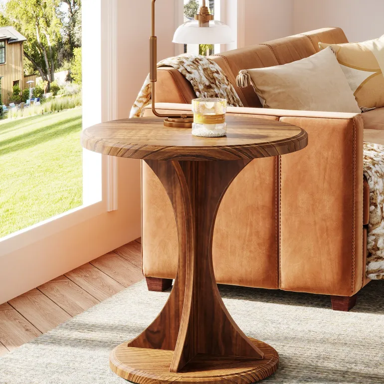Discount Tribesigns Wood End Table, Round Sofa Side Table Vintage Nightstand