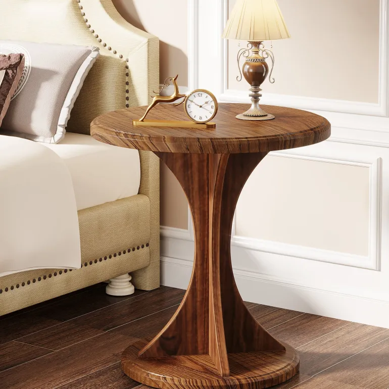 Discount Tribesigns Wood End Table, Round Sofa Side Table Vintage Nightstand
