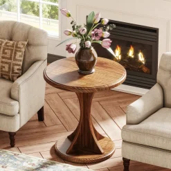 Discount Tribesigns Wood End Table, Round Sofa Side Table Vintage Nightstand