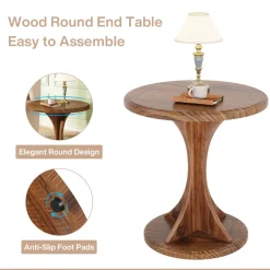 Discount Tribesigns Wood End Table, Round Sofa Side Table Vintage Nightstand