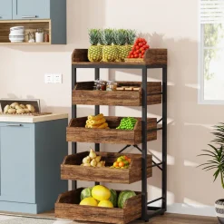 Cheap Tribesigns Wood Fruit and Vegetable Storage Rack Basket Stand with 5 Drawers