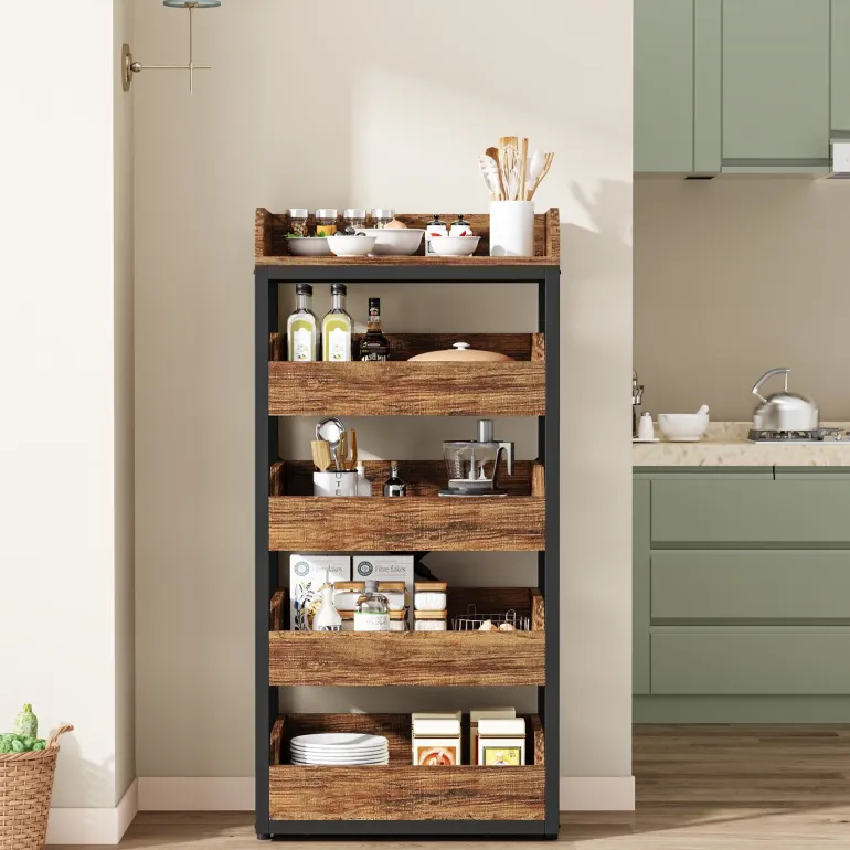 Cheap Tribesigns Wood Fruit and Vegetable Storage Rack Basket Stand with 5 Drawers