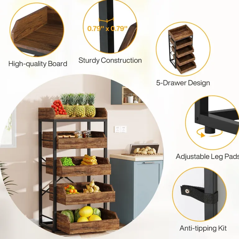 Cheap Tribesigns Wood Fruit and Vegetable Storage Rack Basket Stand with 5 Drawers
