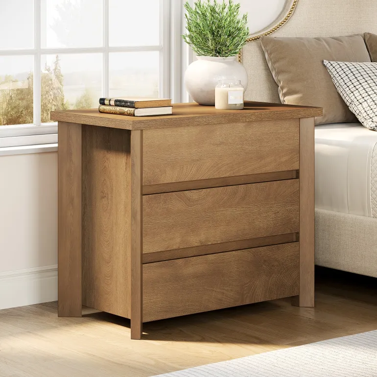 Hot Tribesigns Wood Nightstand, Farmhouse Bedside Table with 3 Storage Drawers