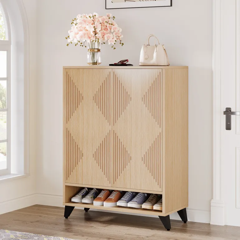 Discount Tribesigns Wood Shoe Cabinet, 6 - Tier Shoe Organizer Storage Cabinet with Adjustable Shelves