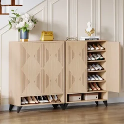 Discount Tribesigns Wood Shoe Cabinet, 6 - Tier Shoe Organizer Storage Cabinet with Adjustable Shelves