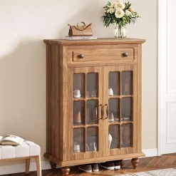 Shop Tribesigns Wood Shoe Cabinet, Shoe Organizer Storage Cabinet with Adjustable Shelves