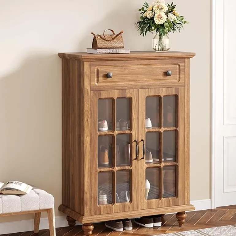Shop Tribesigns Wood Shoe Cabinet, Shoe Organizer Storage Cabinet with Adjustable Shelves