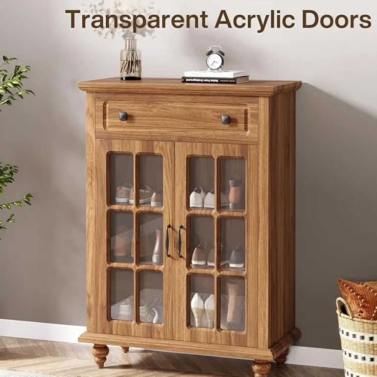 Shop Tribesigns Wood Shoe Cabinet, Shoe Organizer Storage Cabinet with Adjustable Shelves