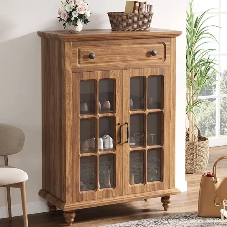 Shop Tribesigns Wood Shoe Cabinet, Shoe Organizer Storage Cabinet with Adjustable Shelves