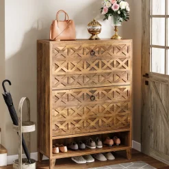 Flash Sale Tribesigns Wood Shoe Cabinet, Shoe Storage Organizer with 2 Flip Drawers