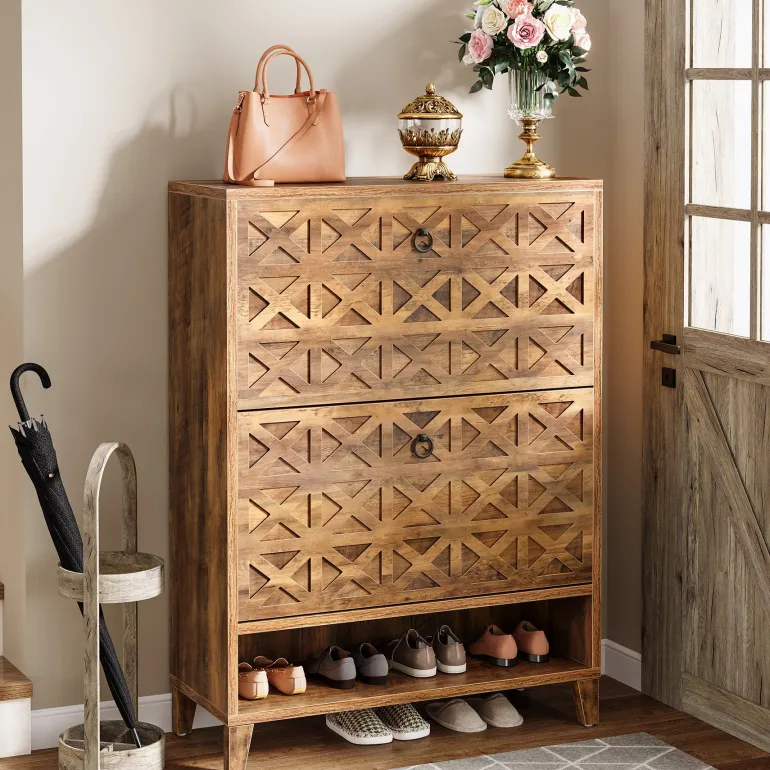 Flash Sale Tribesigns Wood Shoe Cabinet, Shoe Storage Organizer with 2 Flip Drawers