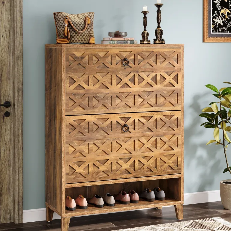 Flash Sale Tribesigns Wood Shoe Cabinet, Shoe Storage Organizer with 2 Flip Drawers