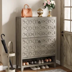 Flash Sale Tribesigns Wood Shoe Cabinet, Shoe Storage Organizer with 2 Flip Drawers