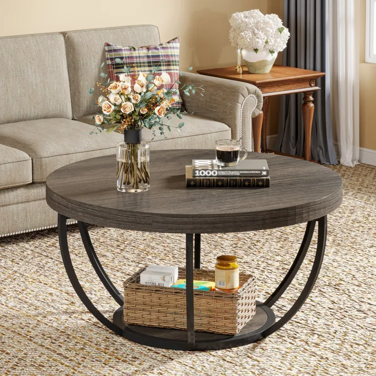 Online Tribesigns Wooden Coffee Table, 2-Tier Round Central Cocktail Table with Shelves