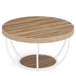 Online Tribesigns Wooden Coffee Table, 2-Tier Round Central Cocktail Table with Shelves