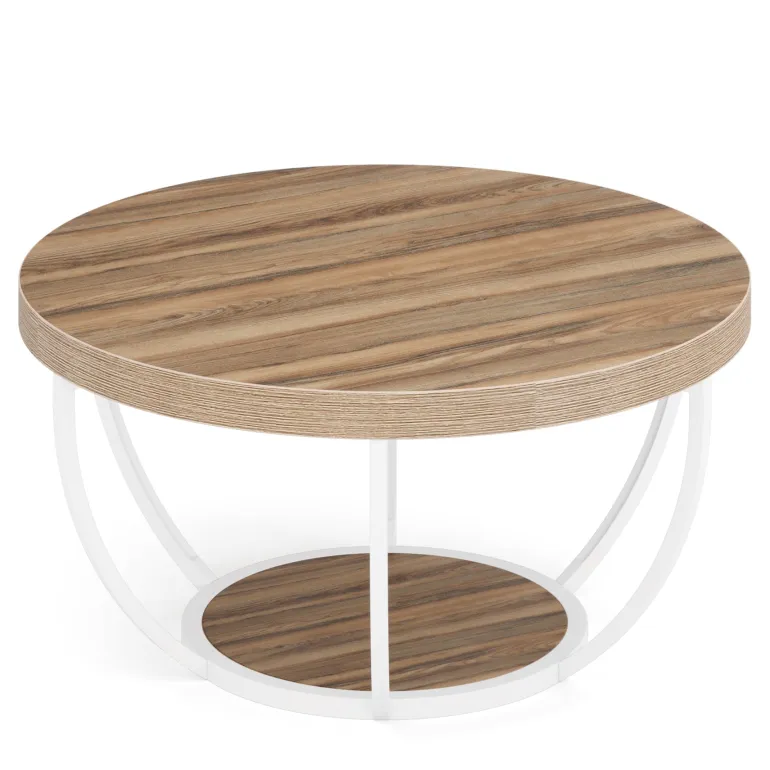 Online Tribesigns Wooden Coffee Table, 2-Tier Round Central Cocktail Table with Shelves