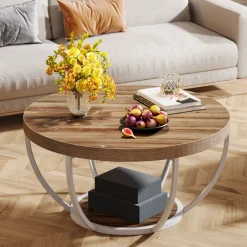 Online Tribesigns Wooden Coffee Table, 2-Tier Round Central Cocktail Table with Shelves