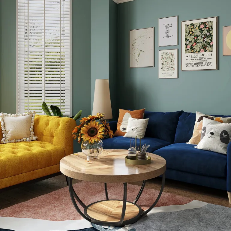Online Tribesigns Wooden Coffee Table, 2-Tier Round Central Cocktail Table with Shelves