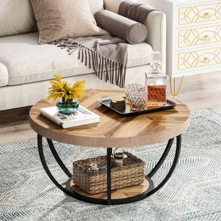 Online Tribesigns Wooden Coffee Table, 2-Tier Round Central Cocktail Table with Shelves