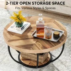 Online Tribesigns Wooden Coffee Table, 2-Tier Round Central Cocktail Table with Shelves