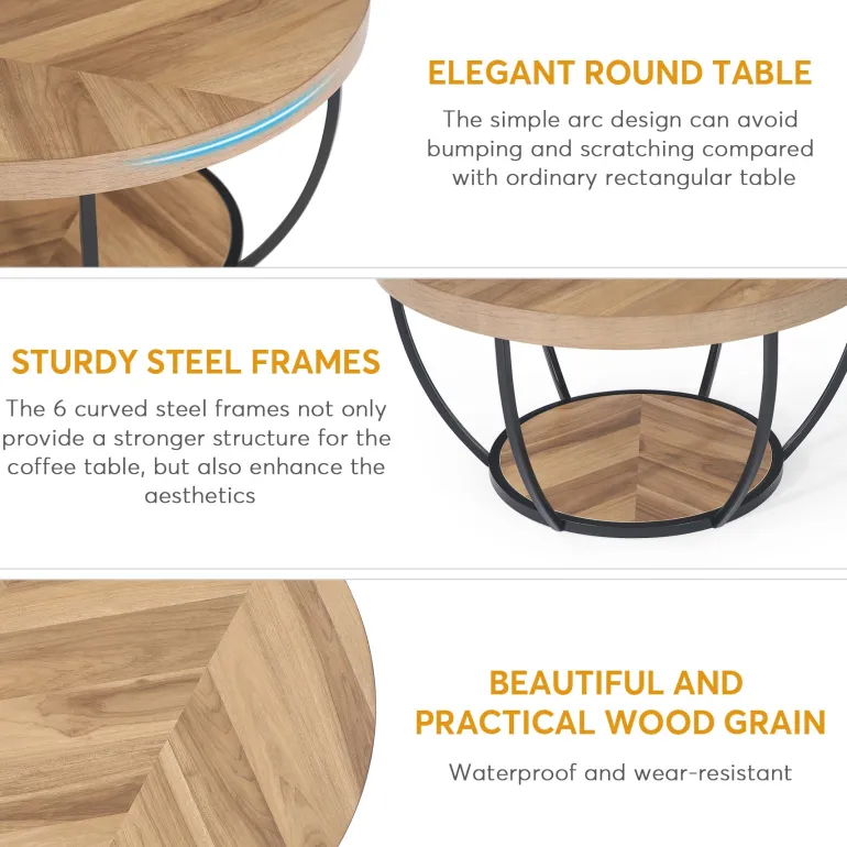 Online Tribesigns Wooden Coffee Table, 2-Tier Round Central Cocktail Table with Shelves