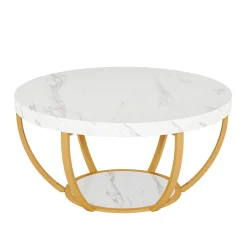 Online Tribesigns Wooden Coffee Table, 2-Tier Round Central Cocktail Table with Shelves
