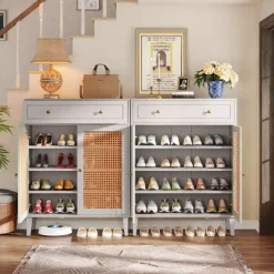 Hot Tribesigns Wooden Shoe Cabinet, Rattan Shoe Organizer with Doors and Drawer
