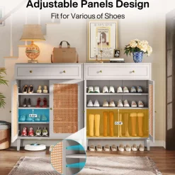 Hot Tribesigns Wooden Shoe Cabinet, Rattan Shoe Organizer with Doors and Drawer