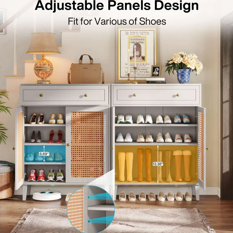 Hot Tribesigns Wooden Shoe Cabinet, Rattan Shoe Organizer with Doors and Drawer