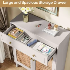 Hot Tribesigns Wooden Shoe Cabinet, Rattan Shoe Organizer with Doors and Drawer