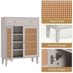 Hot Tribesigns Wooden Shoe Cabinet, Rattan Shoe Organizer with Doors and Drawer